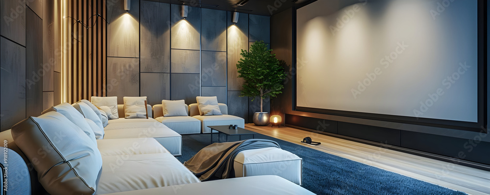 Modern Home Theater Room with Large Screen and Comfortable Seating - 3D Illustration