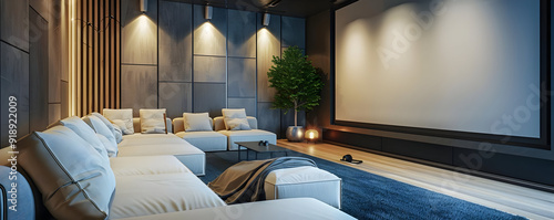 Obraz na płótnie Modern Home Theater Room with Large Screen and Comfortable Seating - 3D Illustration w salonie