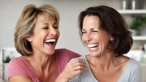Two loving middle-aged woman sharing smiles lovingly, dearest old friends with last long friendship, or close sisters sibling grow old together