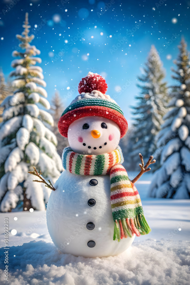 Fototapeta premium happy snowman standing in winter Christmas landscape