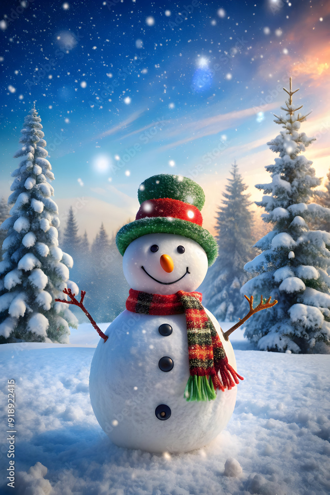 Obraz premium happy snowman standing in winter Christmas landscape