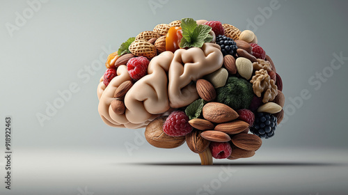3D illustration of a brain composed of various fruits, nuts, and vegetables against a plain background, symbolizing healthy eating and brain food.