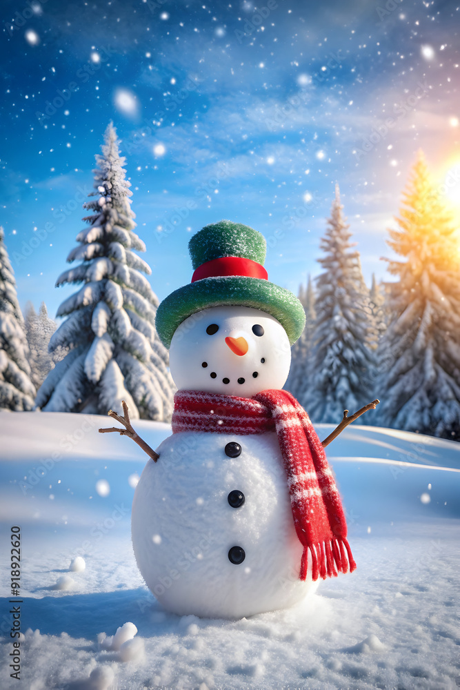 Fototapeta premium happy snowman standing in winter Christmas landscape
