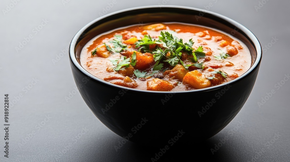 A bowl of Indian curry on a soft grey background with ample space for text or promotional messages. A bowl of Indian curry on a soft grey background with ample space for text or promotional messages.
