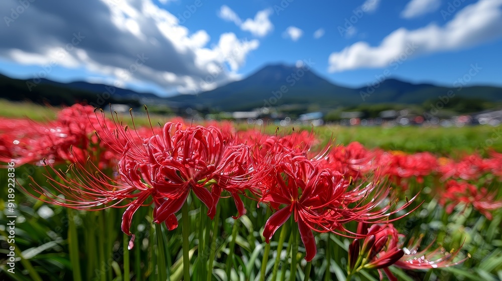 Field of red spider lilies (Lycoris radiata), Japanese scenery Field of red spider lilies (Lycoris radiata), Japanese scenery