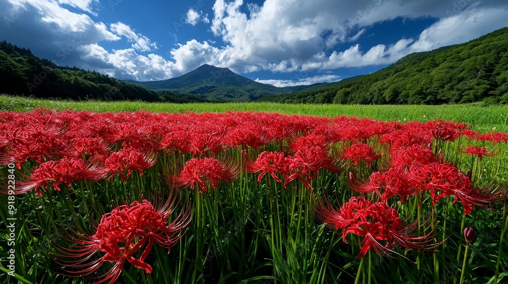 Field of red spider lilies (Lycoris radiata), Japanese scenery Field of red spider lilies (Lycoris radiata), Japanese scenery