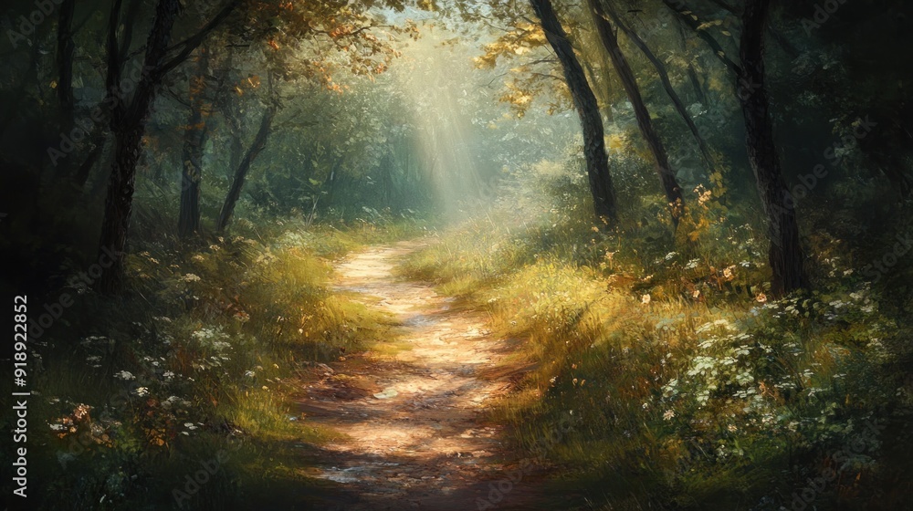 Fototapeta premium A Sunlit Path Through a Lush Forest