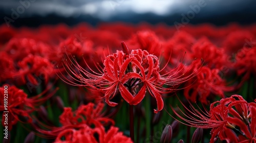 Field of red spider lilies (Lycoris radiata), Japanese autumn