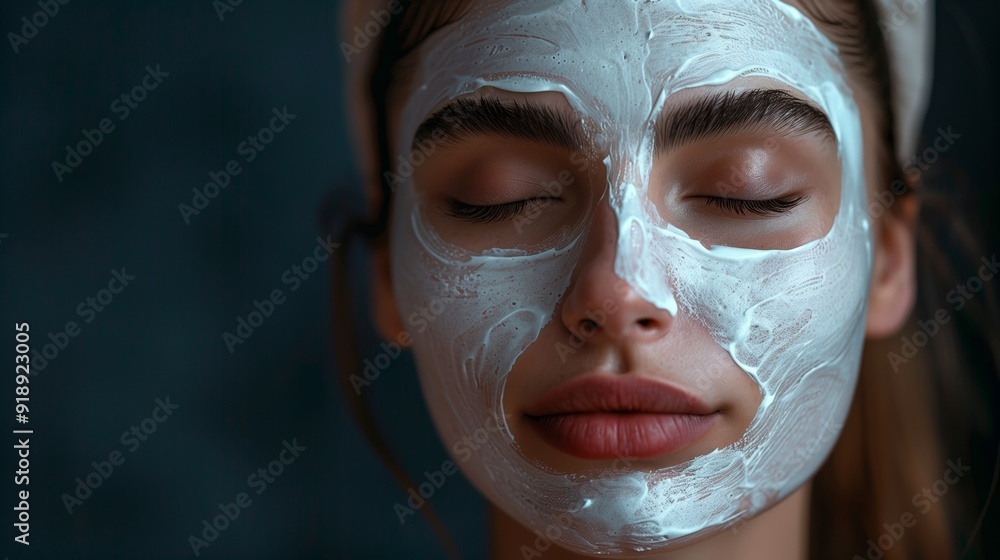 A beautiful woman with closed eyes is wearing an elegant white facial mask on her face A beautiful woman with closed eyes is wearing an elegant white facial mask on her face