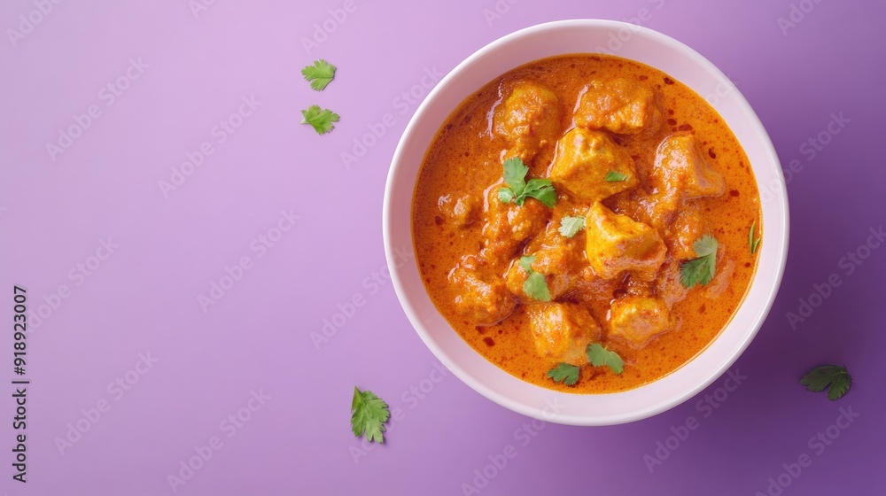 A bowl of Indian curry on a soft purple background with ample space for text or branding elements. A bowl of Indian curry on a soft purple background with ample space for text or branding elements.