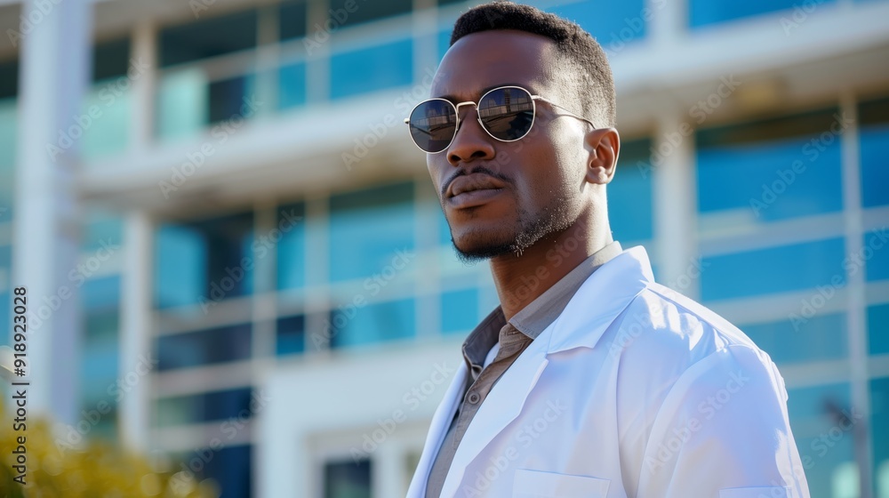 A black man in a white lab coat and sunglasses stands outside a modern hospital building A black man in a white lab coat and sunglasses stands outside a modern hospital building