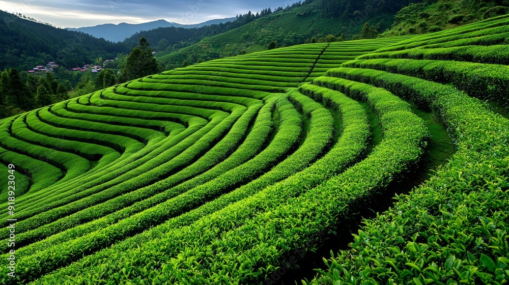 Field of tea plants, neat rows on hillside Field of tea plants, neat rows on hillside