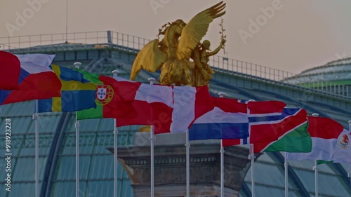 Olympic flags, flag of France, flags of the countries participating in the Olympic Games. Decorating Paris city with Olympic symbols and the 2024 Olympic colors. Paris, France, 08 August 2024
