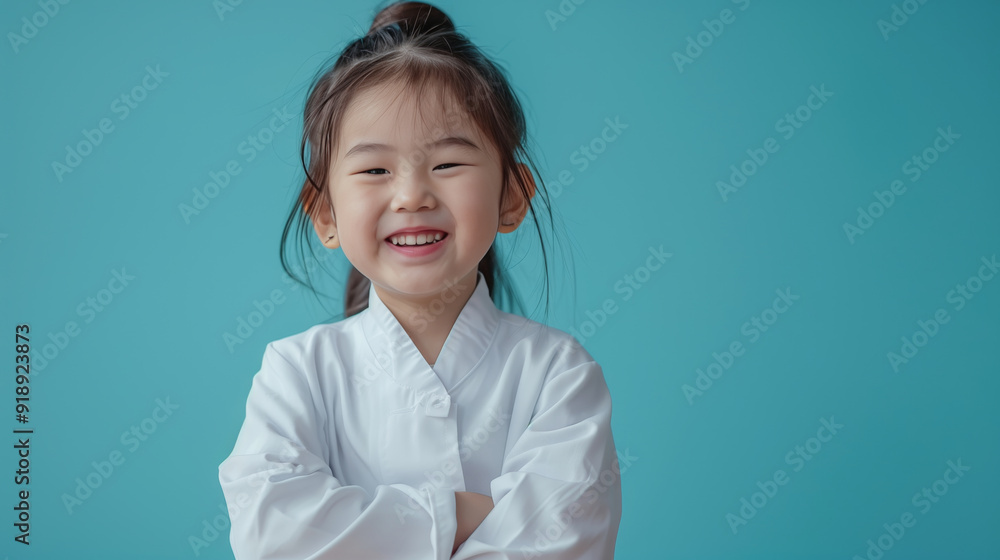 Portrait of a happy Asian little girl wearing a white doctor's coat and laughing isolated on a blue background with copy space Portrait of a happy Asian little girl wearing a white doctor's coat and laughing isolated on a blue background with copy space