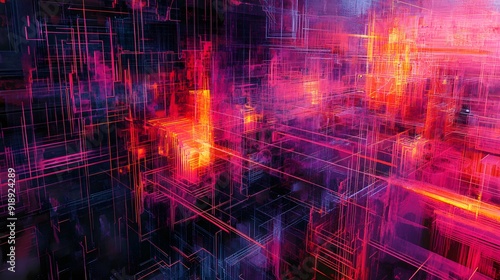 56. Abstract geomatics featuring layered grids and vibrant neon accents