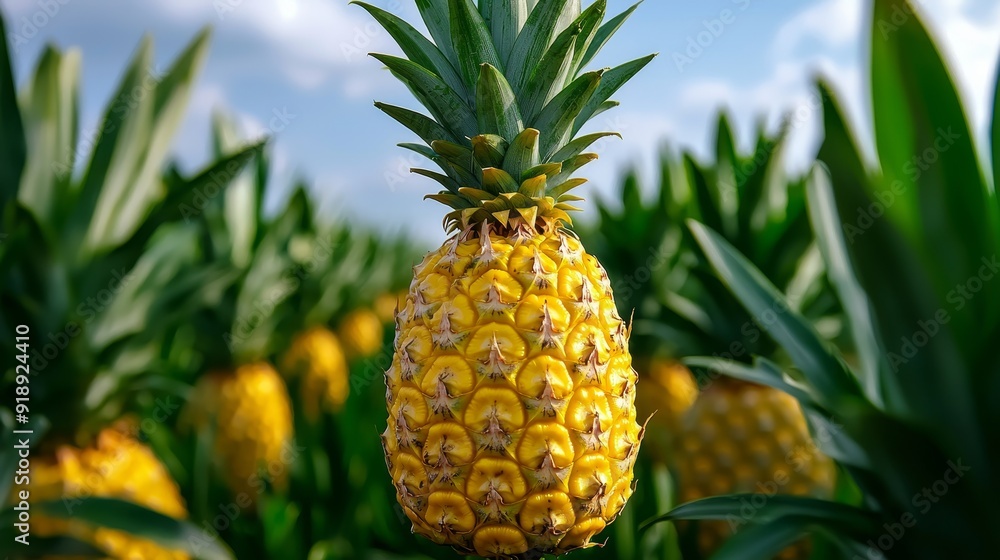 Pineapple field, rows of spiky plants with fruit Pineapple field, rows of spiky plants with fruit