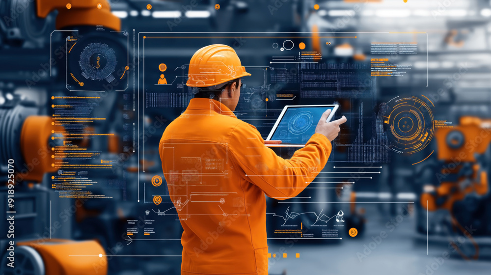 Engineer in orange uniform using a digital tablet in a futuristic factory setting, with holographic data and machinery in the background. Engineer in orange uniform using a digital tablet in a futuristic factory setting, with holographic data and machinery in the background.