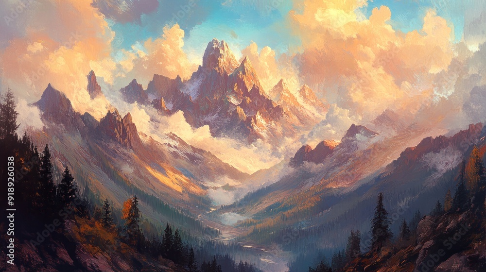 Majestic Mountain Range with Cloudy Sky and Forest in the Valley Majestic Mountain Range with Cloudy Sky and Forest in the Valley