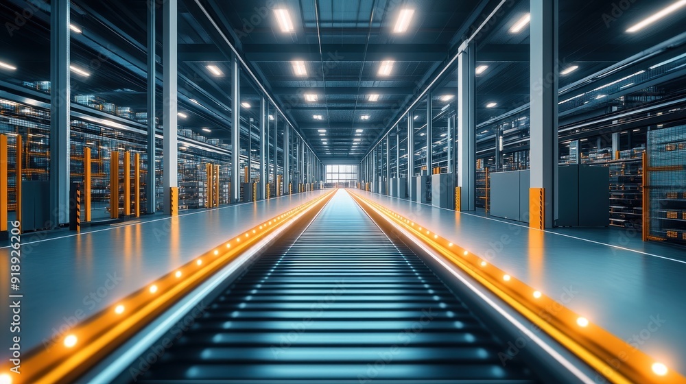 High-resolution 3D rendering of a logistics center equipped with state-of-the-art technology. The focus is on the streamlined processes and automated systems in place, providing ample space for text High-resolution 3D rendering of a logistics center equipped with state-of-the-art technology. The focus is on the streamlined processes and automated systems in place, providing ample space for text
