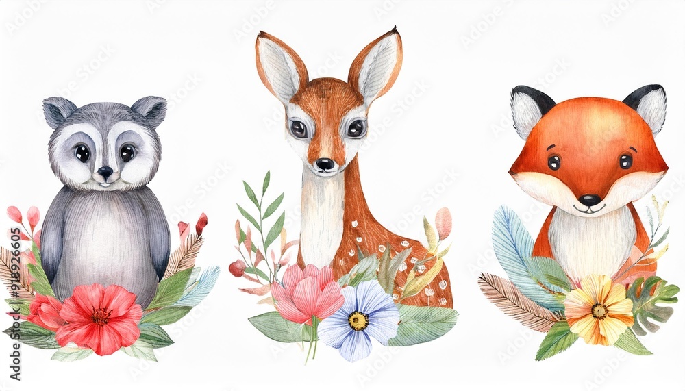 Naklejka premium Watercolor set of forest cartoon isolated cute baby fox, deer, raccoon and owl animal with flowers. Nursery woodland illustration. Bohemian boho drawing for nursery poster, pattern