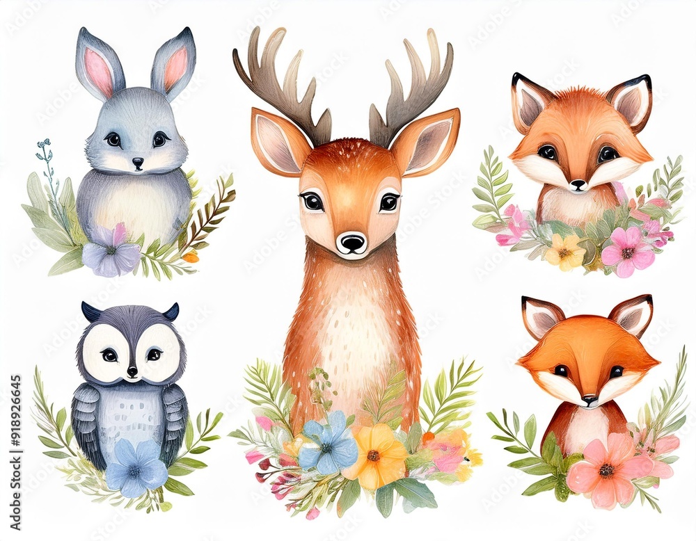 Fototapeta premium Watercolor set of forest cartoon isolated cute baby fox, deer, raccoon and owl animal with flowers. Nursery woodland illustration. Bohemian boho drawing for nursery poster, pattern