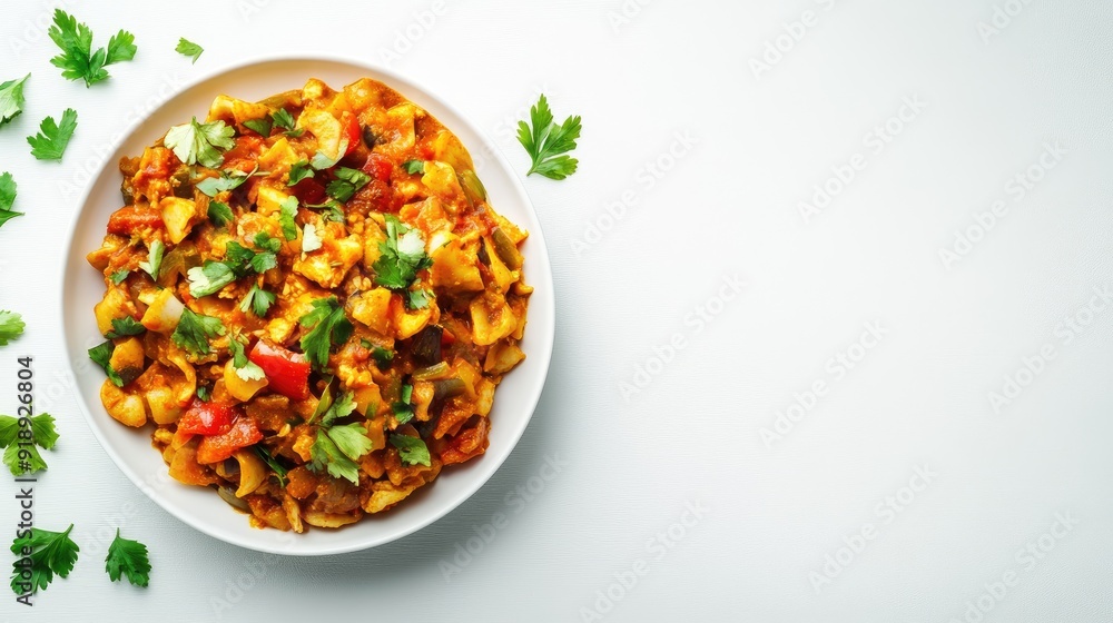 A plate of Indian curry on a clean white background with space for text or logos. A plate of Indian curry on a clean white background with space for text or logos.