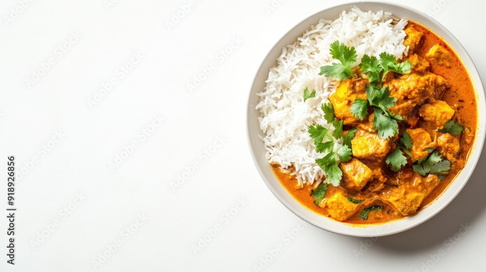 A plate of Indian curry on a clean white background with space for text or logos. A plate of Indian curry on a clean white background with space for text or logos.