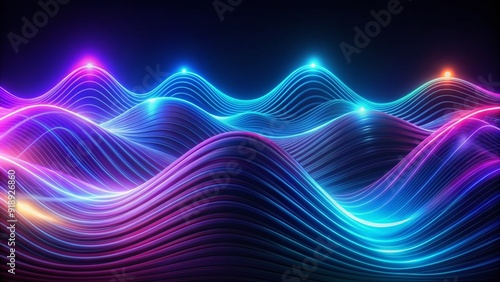 Vibrant neon blue and purple waves of light undulate through a dark background, evoking cutting-edge technology and futuristic digital innovations in a mesmerizing visual representation. photo