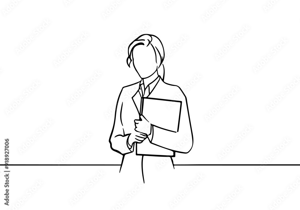 Vector One Line Drawing of Standing Pose of Businesswoman. Abstract Linear Illustration of Businesswoman for Minimalist Design. Business Concept in Trendy Outline Style. Vector One Line Drawing of Standing Pose of Businesswoman. Abstract Linear Illustration of Businesswoman for Minimalist Design. Business Concept in Trendy Outline Style.
