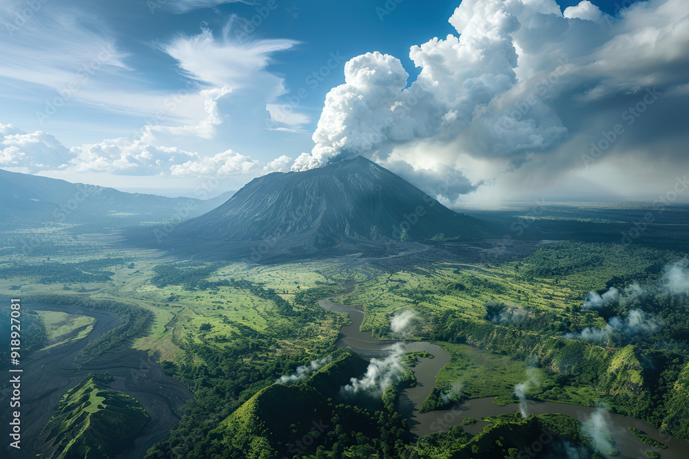 Fototapeta premium Generative ai on theme of erupting volcano with cascading hot lava surrounded thick white smoke
