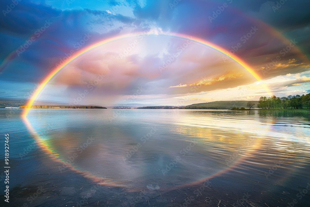 Generative ai on theme of beautiful tranquil landscape with magical bright rainbow at cloudy sky