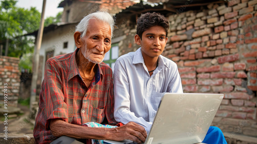 Obraz premium Poor indian father learning to use laptop from son.