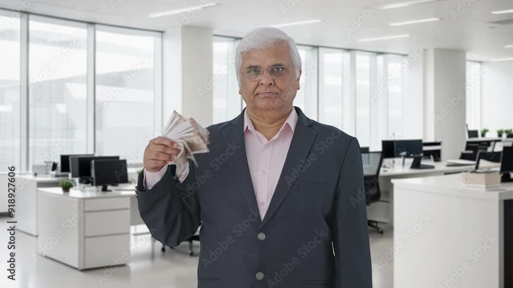 Confident Indian senior manager using money as fan Confident Indian senior manager using money as fan