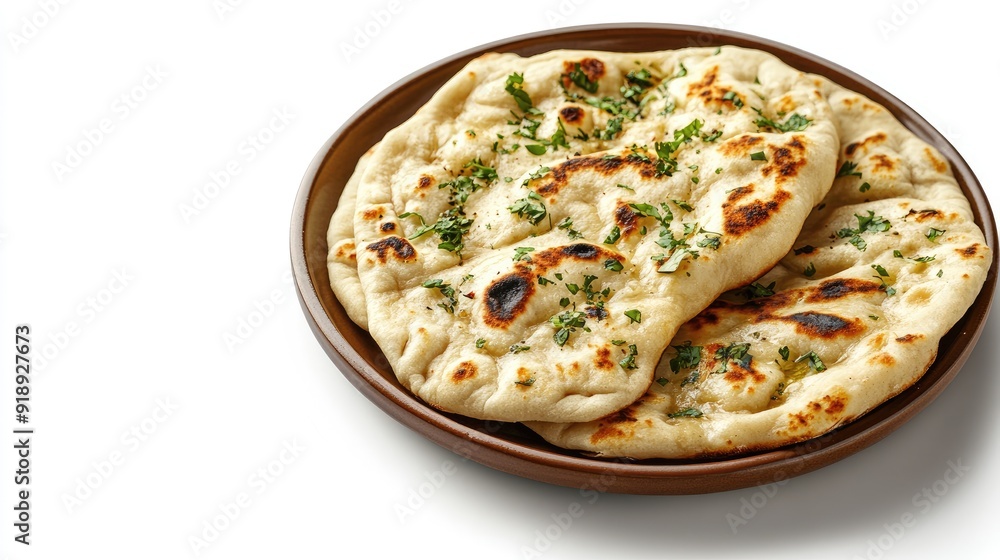 A plate of naan bread on a clean white background with space for text, ideal for restaurant menus. - A plate of naan bread on a clean white background with space for text, ideal for restaurant menus. -