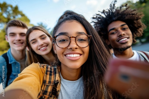 Multiracial group of young people taking selfie, Generative AI