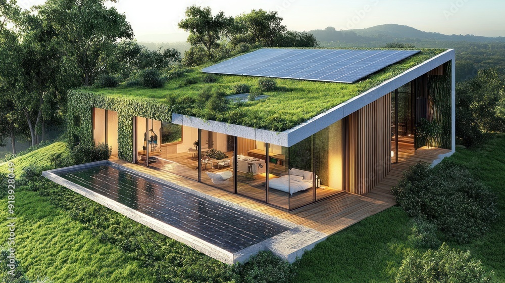 Modern Eco-Friendly House with Green Roof and Solar Panels Modern Eco-Friendly House with Green Roof and Solar Panels