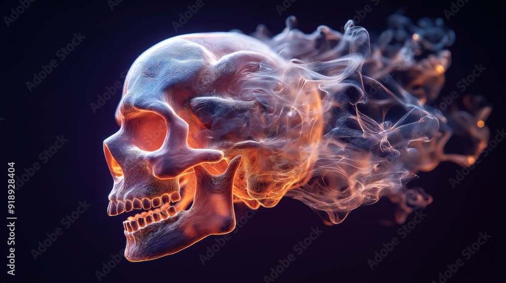 Digital artwork of a glowing human skull with flames and smoke emitting from the eye sockets on a dark background. Digital artwork of a glowing human skull with flames and smoke emitting from the eye sockets on a dark background.