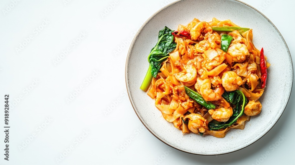 A plate of pad kra pao on a clean white background with space for text or branding elements. A plate of pad kra pao on a clean white background with space for text or branding elements.