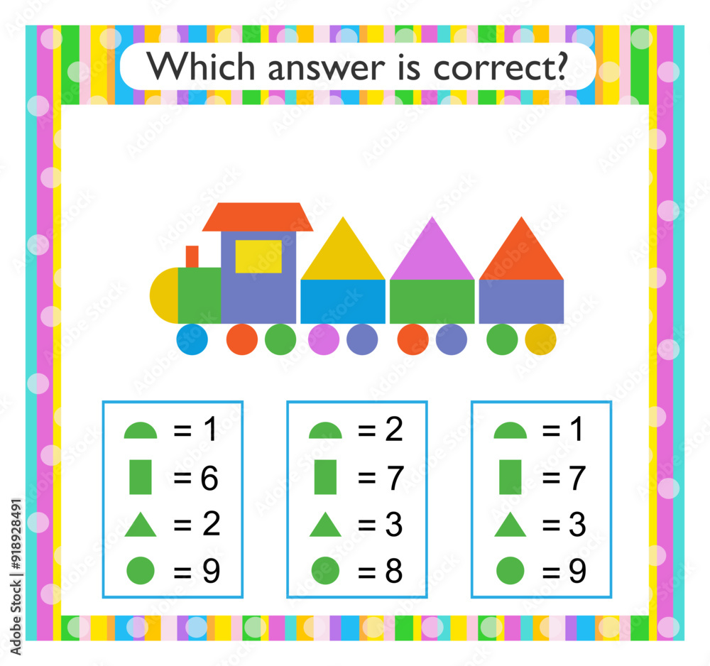 Math activity for kids. Find the correct answer. Cartoon train. Math activity for kids. Find the correct answer. Cartoon train.