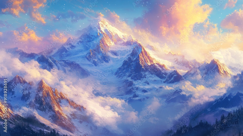 Snow-Capped Mountain Peaks with Clouds and a Starry Sky Snow-Capped Mountain Peaks with Clouds and a Starry Sky