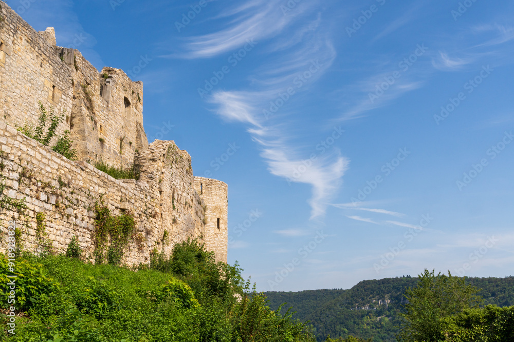 The Hilltop ruins of an 11th-century stronghold, château de Hohenurach, Burgruine Hohenurach, Stronghold Atop a Hill in Bad Urach, Castle in Baden-Württemberg The Hilltop ruins of an 11th-century stronghold, château de Hohenurach, Burgruine Hohenurach, Stronghold Atop a Hill in Bad Urach, Castle in Baden-Württemberg