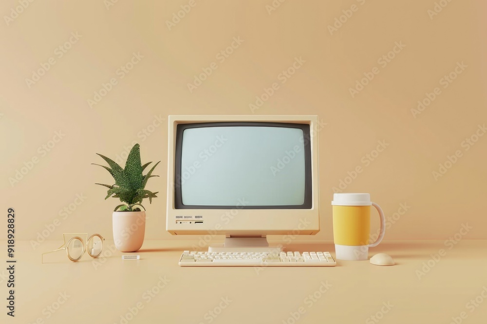 A computer monitor sits on a desk next to a small potted plant A computer monitor sits on a desk next to a small potted plant