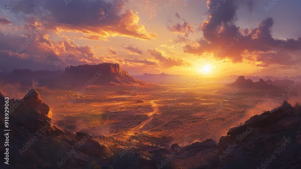 Fototapeta premium A Vibrant Sunset Over a Vast Desert Landscape