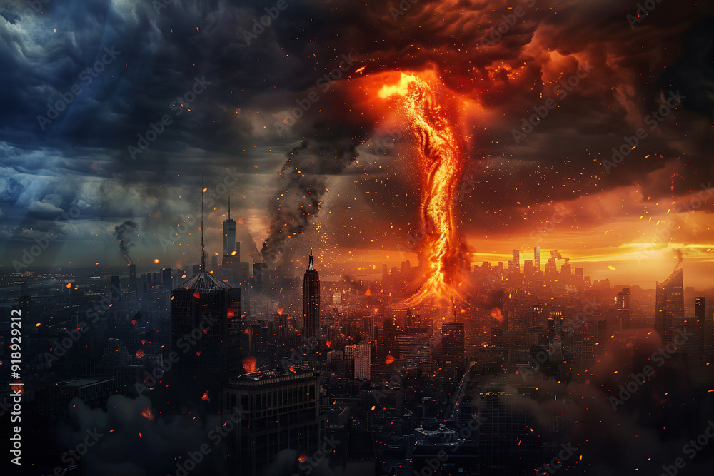 Fototapeta premium Generative ai on theme of scary huge hurricane fire tornado, apocalyptic dramatic background