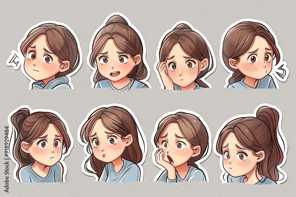 A set of cute girl stickers featuring various expressions and emotions in a playful and colorful design A set of cute girl stickers featuring various expressions and emotions in a playful and colorful design