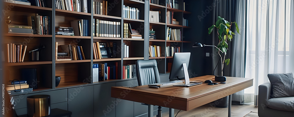Modern Home Office Desk with Bookshelves and Large Window - Photo Modern Home Office Desk with Bookshelves and Large Window - Photo