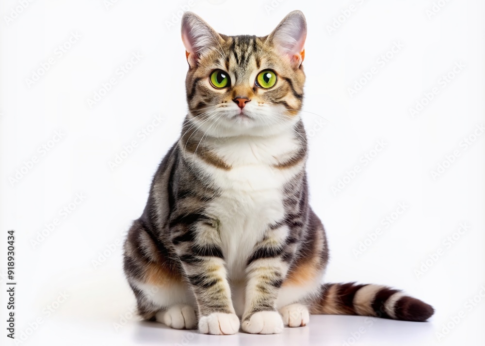 Adorable American Wirehair cat with unique wiry coat and piercing green eyes sitting proudly against a clean white background, showcasing its playful personality. Adorable American Wirehair cat with unique wiry coat and piercing green eyes sitting proudly against a clean white background, showcasing its playful personality.