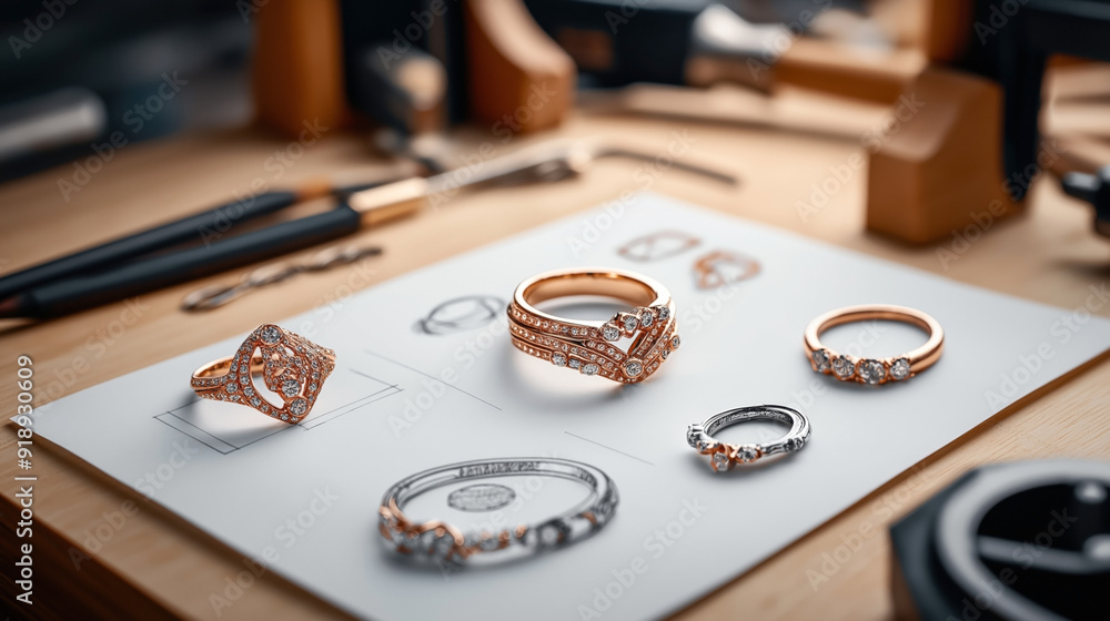 Gold and silver rings with intricate designs and diamonds displayed on a design sheet in a jewelry workshop, with tools in the background. Gold and silver rings with intricate designs and diamonds displayed on a design sheet in a jewelry workshop, with tools in the background.