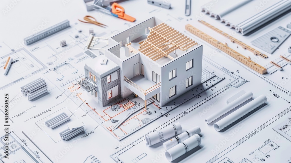 A 3D model of a house sitting on a blueprints, ideal for architecture and real estate use A 3D model of a house sitting on a blueprints, ideal for architecture and real estate use