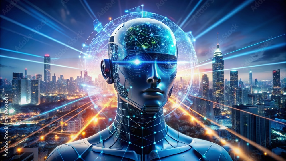 A futuristic cyborg entity with glowing blue circuits oversees urban infrastructure through advanced heads-up display and IoT networks, optimizing city operations with precision. A futuristic cyborg entity with glowing blue circuits oversees urban infrastructure through advanced heads-up display and IoT networks, optimizing city operations with precision.